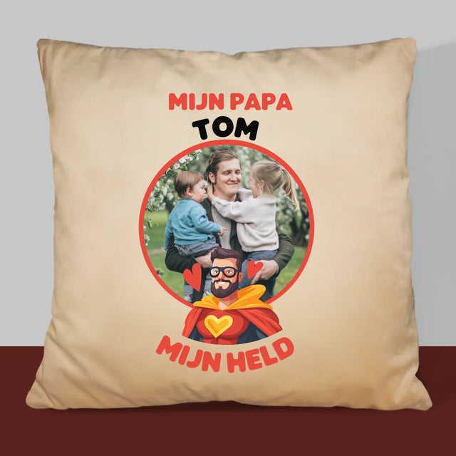 Foto En Handtekening: Papa, Mijn Held - Kussen (Monogram)