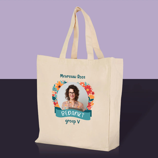 Foto En Handtekening: Bedankt, Kleuterjuf - Canvas Tas