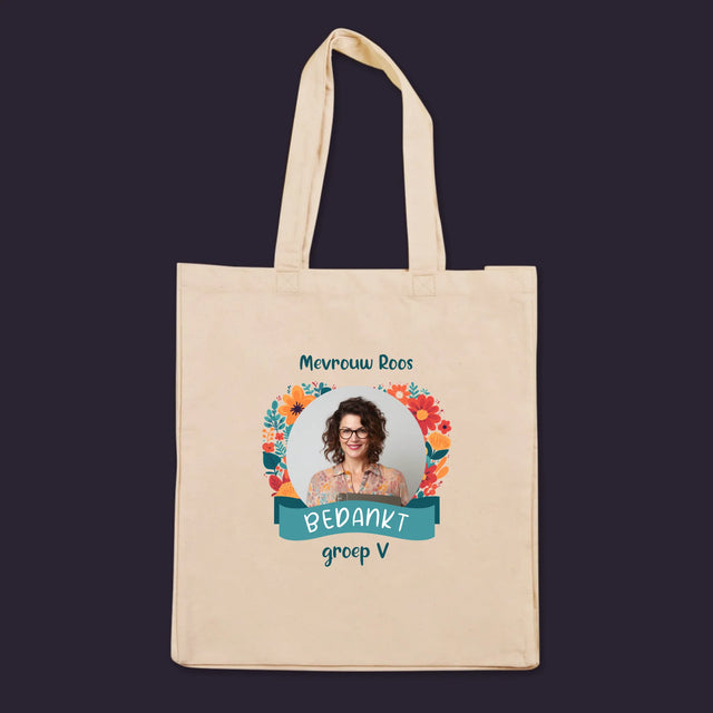 Foto En Handtekening: Bedankt, Kleuterjuf - Canvas Tas