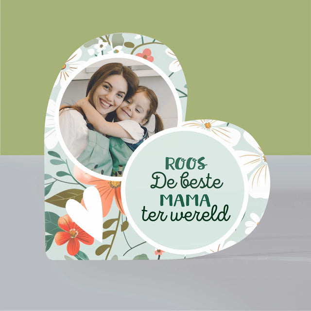 Foto En Handtekening: Beste Mama Bloemen - Acryl Blok Hart