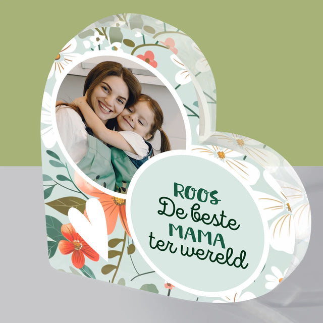 Foto En Handtekening: Beste Mama Bloemen - Acryl Blok Hart