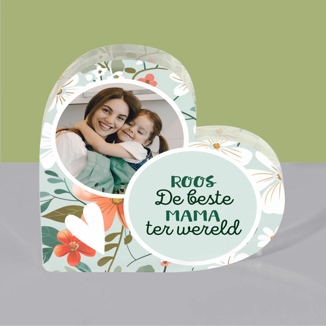 Foto En Handtekening: Beste Mama Bloemen - Acryl Blok Hart