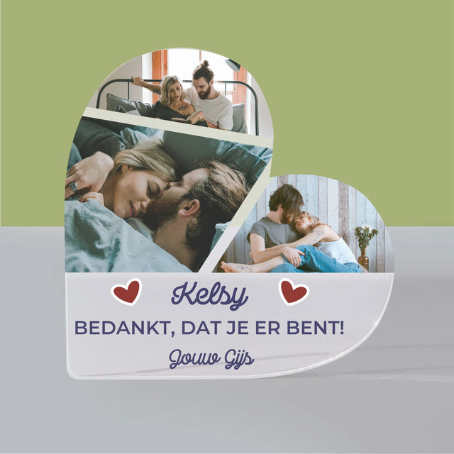 Fotocollage: Bedankt, Dat Je Er Bent - Acryl Blok Hart