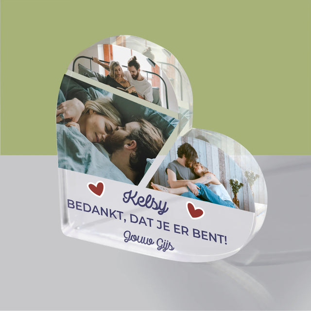 Fotocollage: Bedankt, Dat Je Er Bent - Acryl Blok Hart