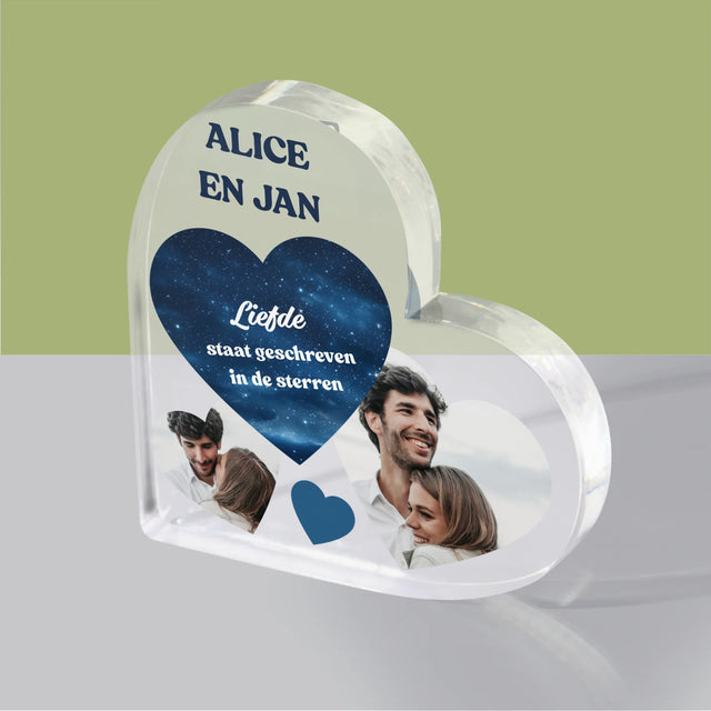 Fotocollage: Liefde Staat Geschreven In De Sterren - Acryl Blok Hart