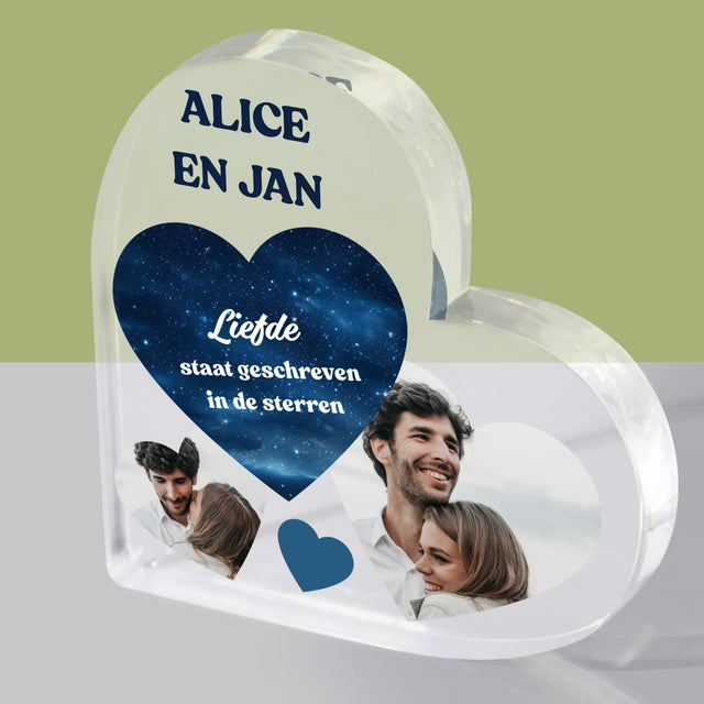 Fotocollage: Liefde Staat Geschreven In De Sterren - Acryl Blok Hart