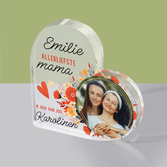 Foto En Handtekening: Allerliefste Mama - Acryl Blok Hart