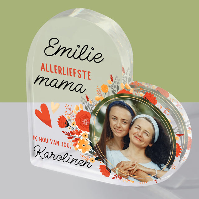 Foto En Handtekening: Allerliefste Mama - Acryl Blok Hart