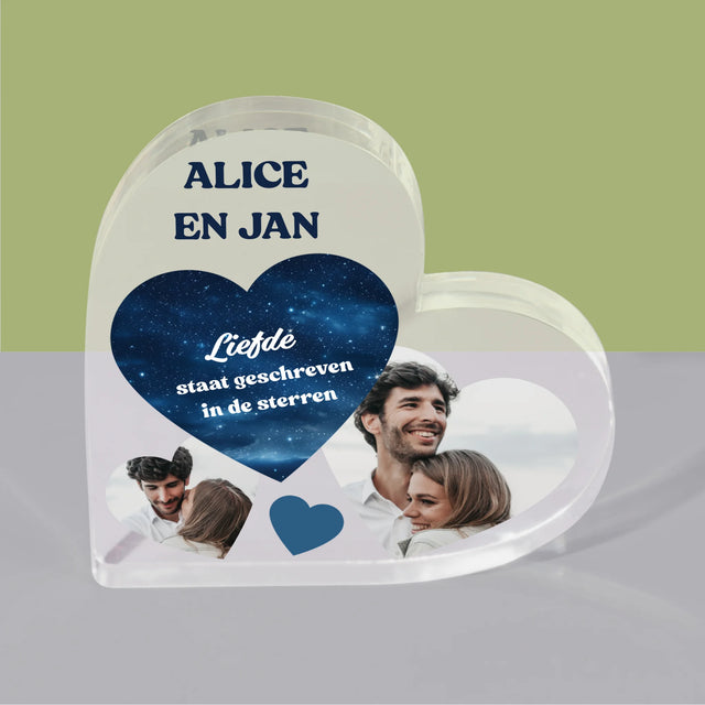 Fotocollage: Liefde Staat Geschreven In De Sterren - Acryl Blok Hart