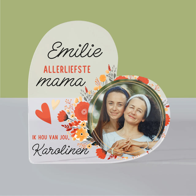 Foto En Handtekening: Allerliefste Mama - Acryl Blok Hart