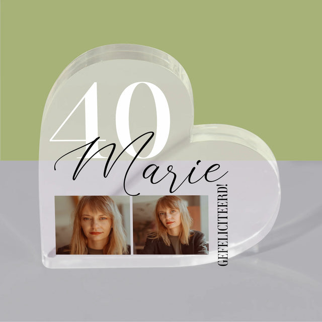 Foto En Handtekening: 40 Jaar - Acryl Blok Hart