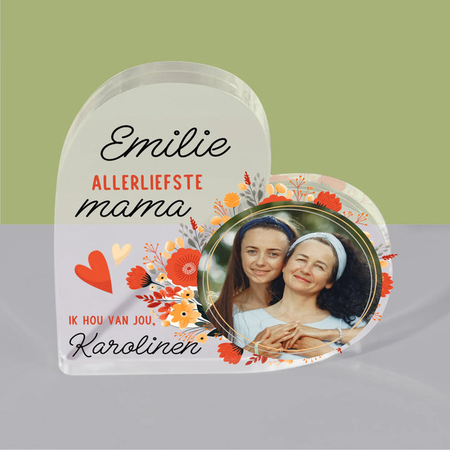 Foto En Handtekening: Allerliefste Mama - Acryl Blok Hart