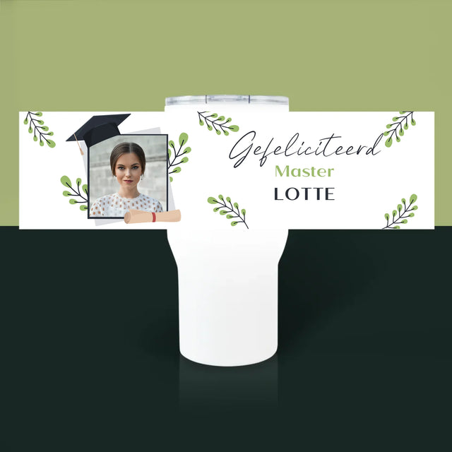 Foto En Handtekening: Gefeliciteerd, Master - Thermische Mok Wit