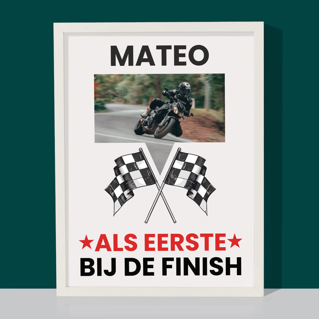 Foto En Handtekening: Als Eerste Bij De Finish - Afdruk Met Frame 30X40 (Verticaal)
