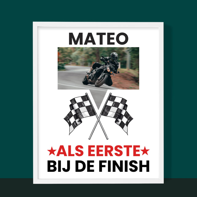 Foto En Handtekening: Als Eerste Bij De Finish - Afdruk Met Frame 30X40 (Verticaal)
