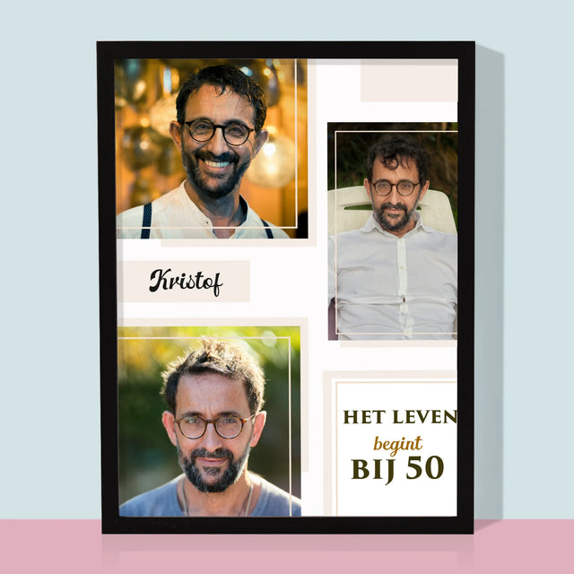 Fotocollage: Het Leven Begint Bij 50 - Afdruk Met Frame 30X40 (Verticaal)