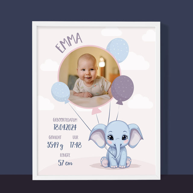 Geboorteakte Van Kind: Metriek Olifantje - Afdruk Met Frame 30X40 (Verticaal)