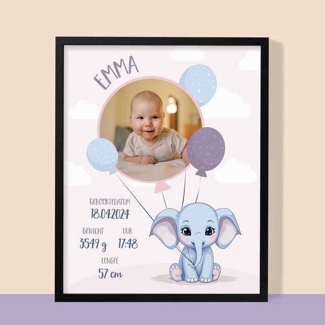 Geboorteakte Van Kind: Metriek Olifantje - Afdruk Met Frame 30X40 (Verticaal)