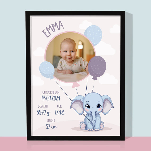 Geboorteakte Van Kind: Metriek Olifantje - Afdruk Met Frame 30X40 (Verticaal)