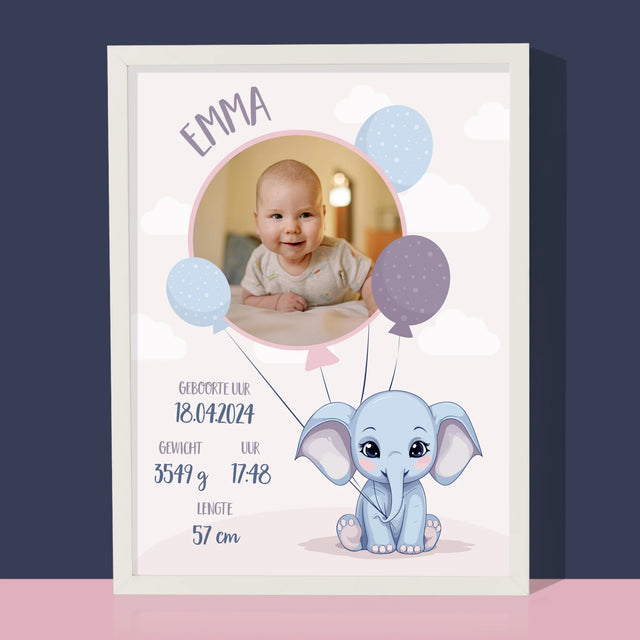 Geboorteakte Van Kind: Metriek Olifantje - Afdruk Met Frame 30X40 (Verticaal)