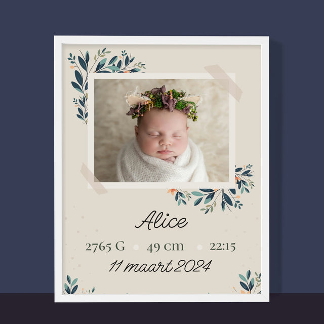 Geboorteakte Van Kind: Metriek Bloemen - Afdruk Met Frame 30X40 (Verticaal)