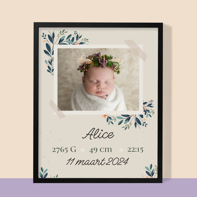 Geboorteakte Van Kind: Metriek Bloemen - Afdruk Met Frame 30X40 (Verticaal)