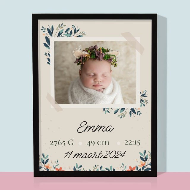 Geboorteakte Van Kind: Metriek Bloemen - Afdruk Met Frame 30X40 (Verticaal)