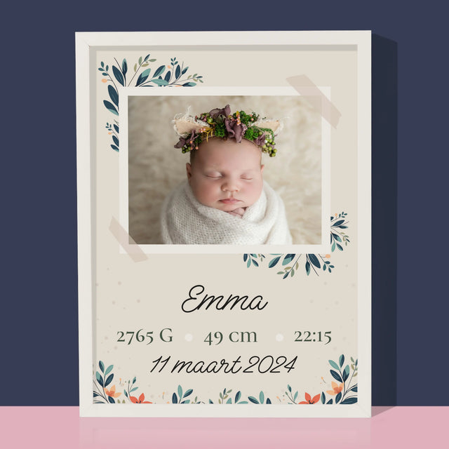 Geboorteakte Van Kind: Metriek Bloemen - Afdruk Met Frame 30X40 (Verticaal)