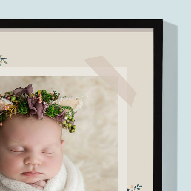 Geboorteakte Van Kind: Metriek Bloemen - Afdruk Met Frame 30X40 (Verticaal)