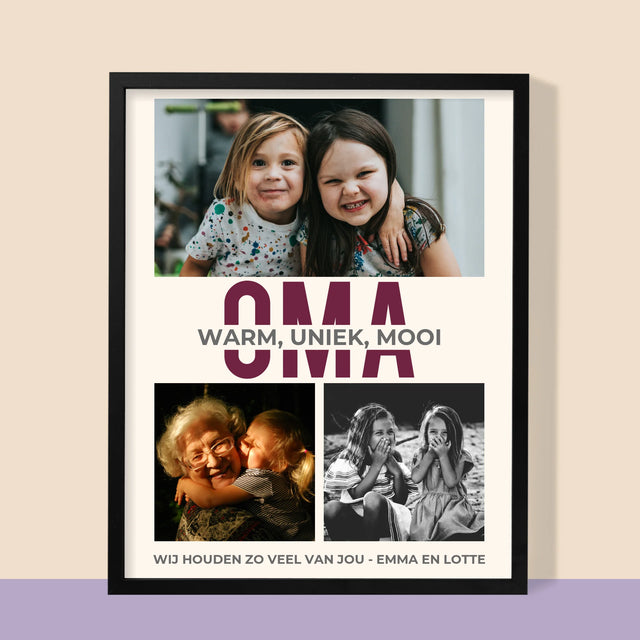 Fotocollage: Kenmerken Oma - Afdruk Met Frame 30X40 (Verticaal)