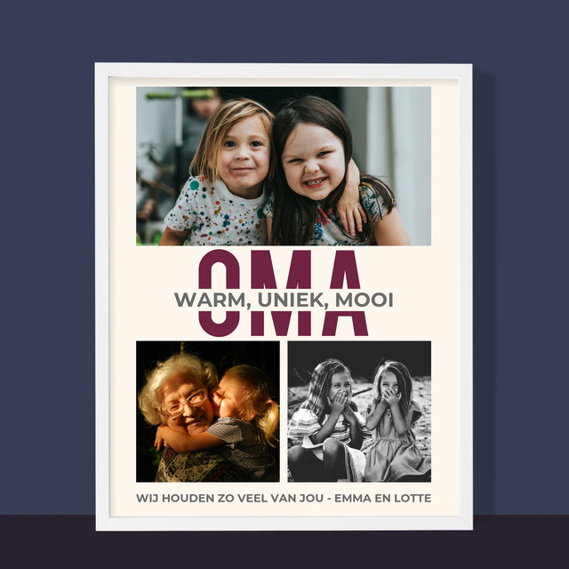 Fotocollage: Kenmerken Oma - Afdruk Met Frame 30X40 (Verticaal)