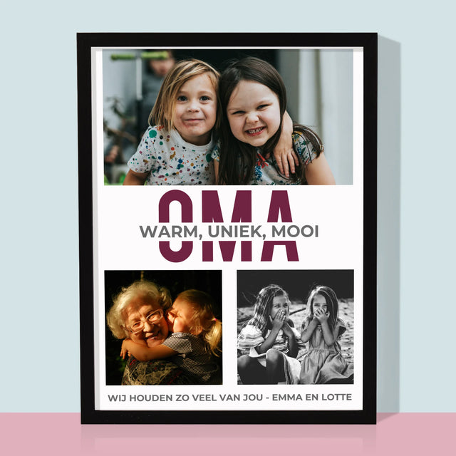 Fotocollage: Kenmerken Oma - Afdruk Met Frame 30X40 (Verticaal)