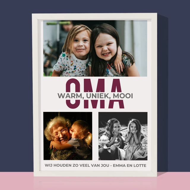 Fotocollage: Kenmerken Oma - Afdruk Met Frame 30X40 (Verticaal)