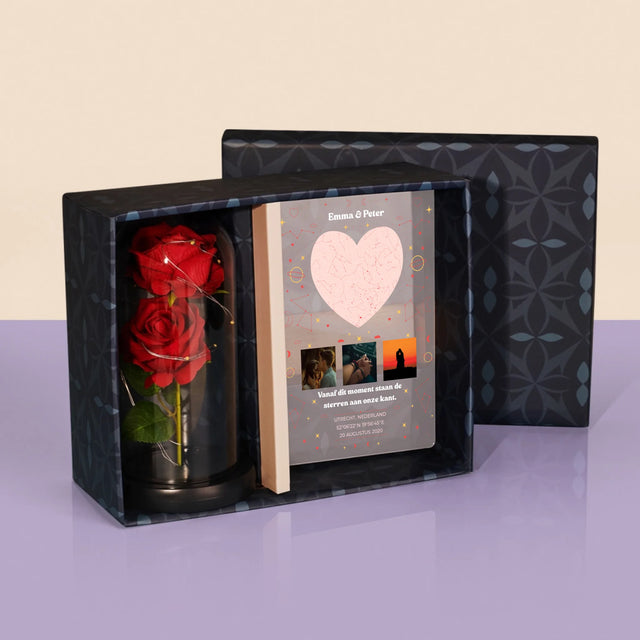 Starrenkaart: Sterrenkaart: Ons Moment - Cadeauset Met Afruk Op Glas En Eeuwige Roos