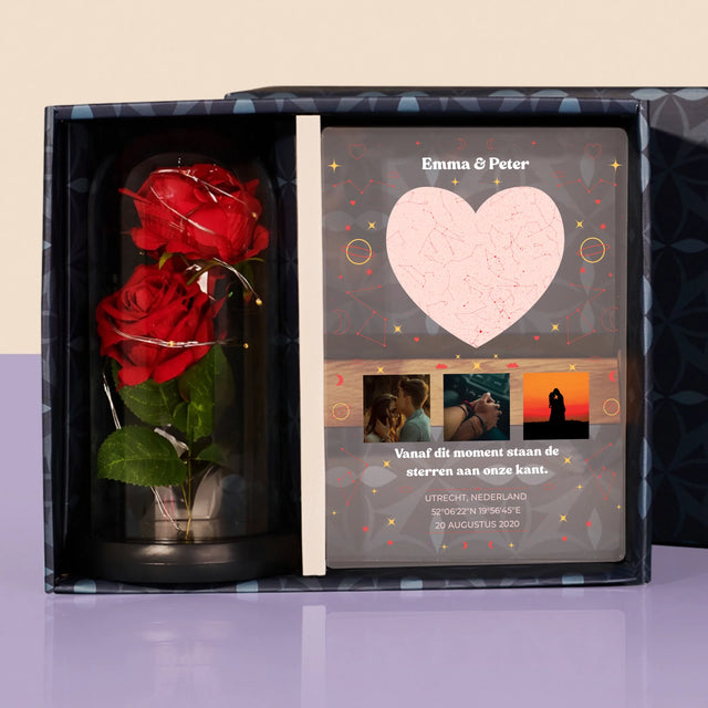 Starrenkaart: Sterrenkaart: Ons Moment - Cadeauset Met Afruk Op Glas En Eeuwige Roos