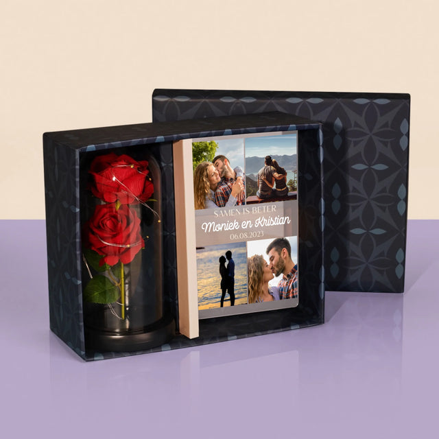 Fotocollage: Samen Is Beter - Cadeauset Met Afruk Op Glas En Eeuwige Roos