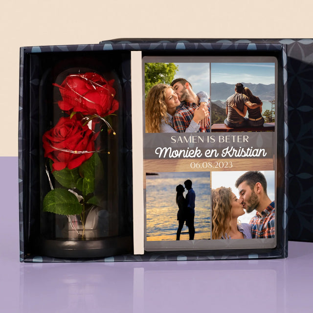 Fotocollage: Samen Is Beter - Cadeauset Met Afruk Op Glas En Eeuwige Roos