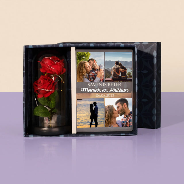 Fotocollage: Samen Is Beter - Cadeauset Met Afruk Op Glas En Eeuwige Roos