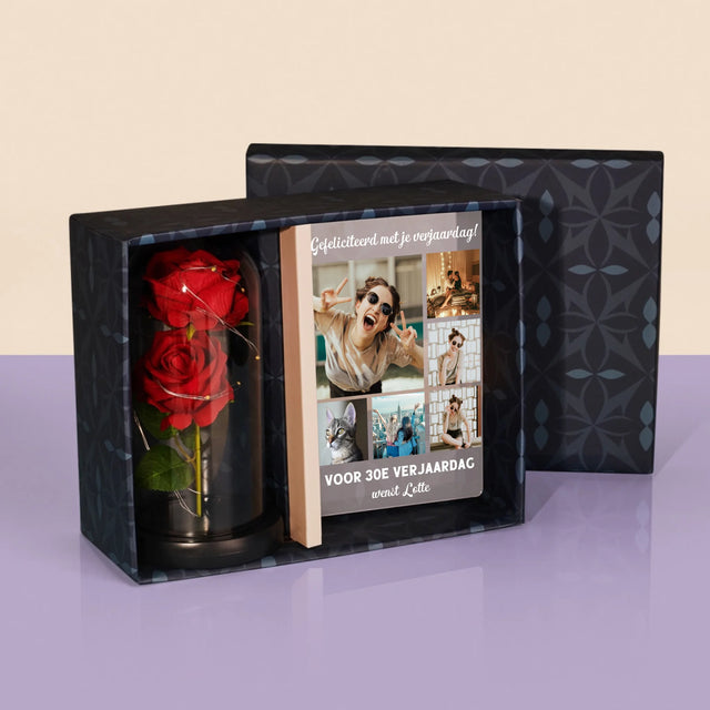Fotocollage: Fotocollage Verjaardag - Cadeauset Met Afruk Op Glas En Eeuwige Roos