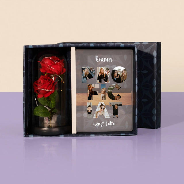 Woord Van Foto'S: Proficiat - Cadeauset Met Afruk Op Glas En Eeuwige Roos