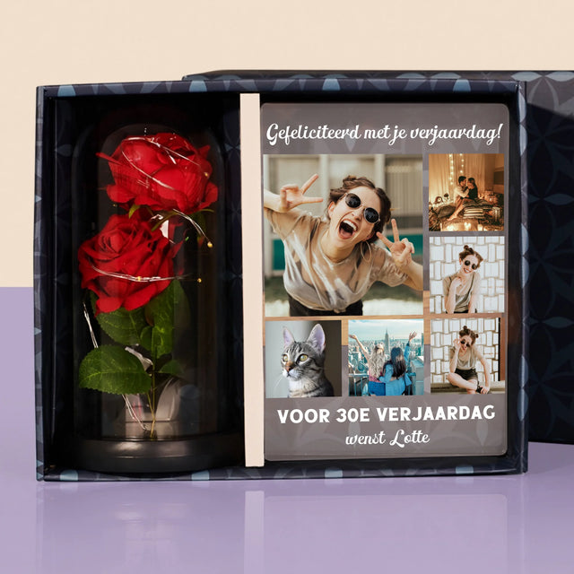 Fotocollage: Fotocollage Verjaardag - Cadeauset Met Afruk Op Glas En Eeuwige Roos