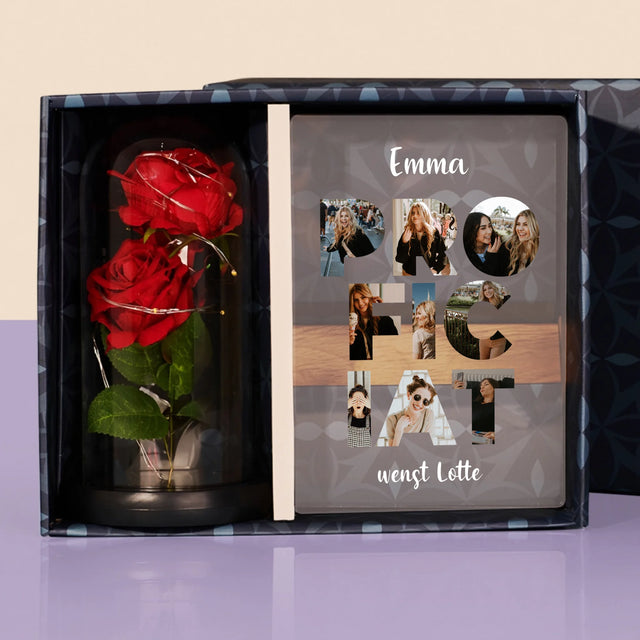 Woord Van Foto'S: Proficiat - Cadeauset Met Afruk Op Glas En Eeuwige Roos