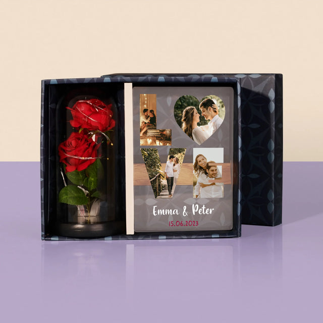 Woord Van Foto'S: Love Met Jouw Foto'S - Cadeauset Met Afruk Op Glas En Eeuwige Roos