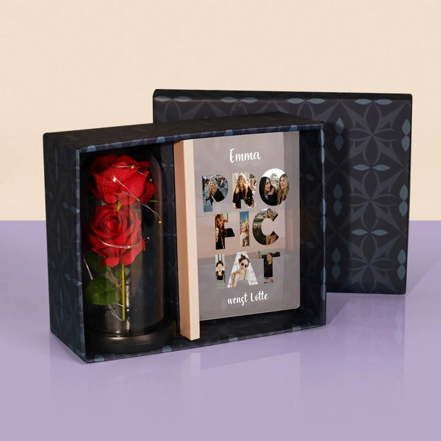 Woord Van Foto'S: Proficiat - Cadeauset Met Afruk Op Glas En Eeuwige Roos