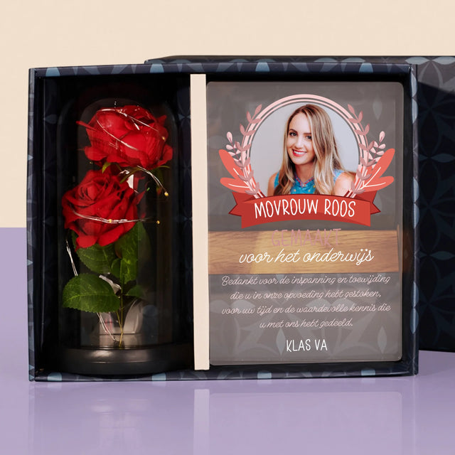 Foto En Handtekening: Gemaakt Voor Het Onderwijs - Cadeauset Met Afruk Op Glas En Eeuwige Roos