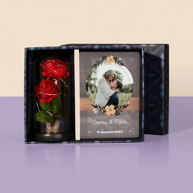 Foto En Handtekening: Verliefd - Cadeauset Met Afruk Op Glas En Eeuwige Roos