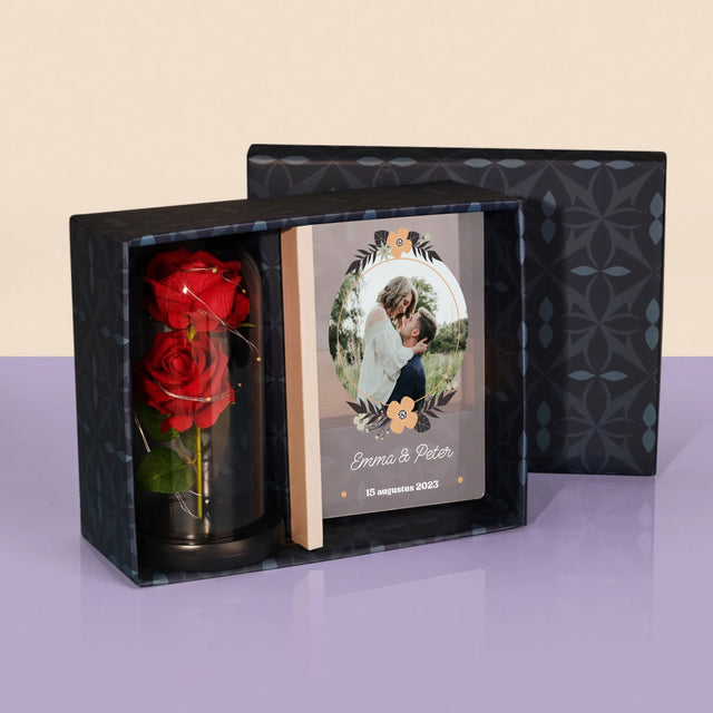 Foto En Handtekening: Verliefd - Cadeauset Met Afruk Op Glas En Eeuwige Roos