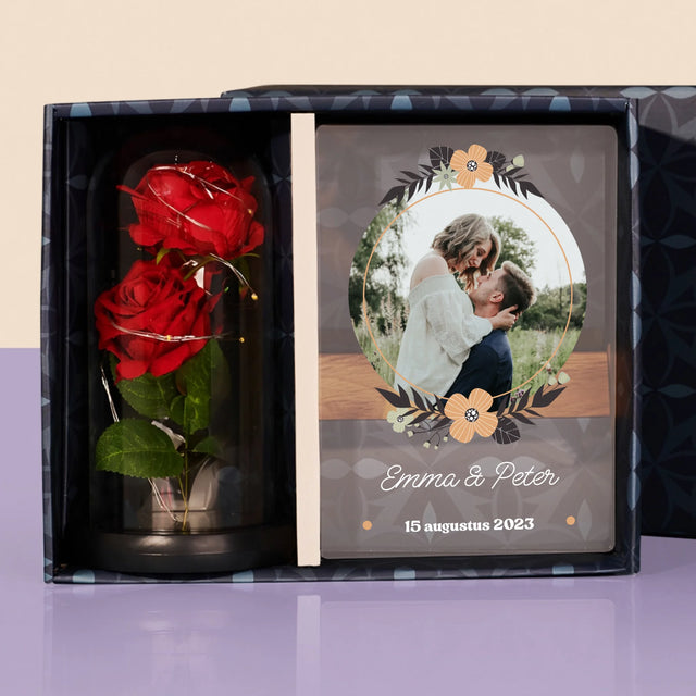 Foto En Handtekening: Verliefd - Cadeauset Met Afruk Op Glas En Eeuwige Roos