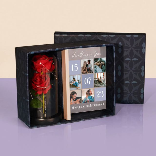 Fotocollage: Beste Momenten - Cadeauset Met Afruk Op Glas En Eeuwige Roos
