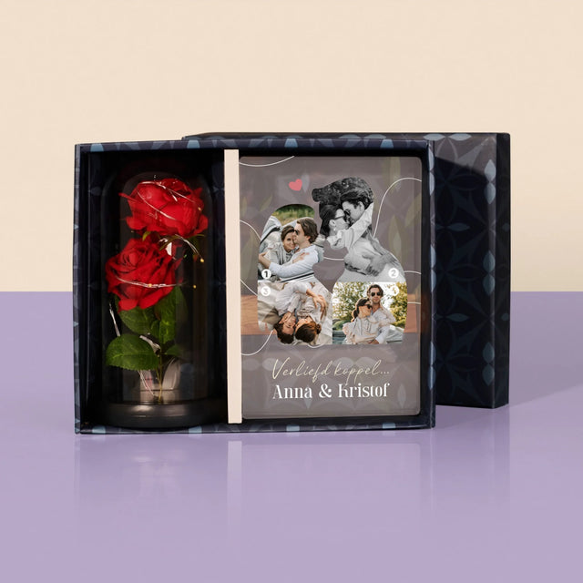 Vorm Van Foto'S: Verliefd Koppel - Cadeauset Met Afruk Op Glas En Eeuwige Roos